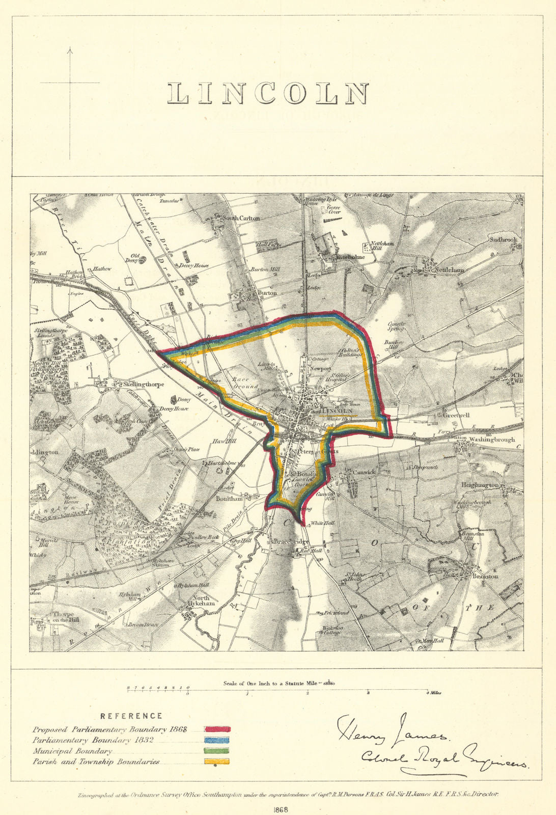 Lincoln, Lincolnshire. JAMES. Parliamentary Boundary Commission 1868 old map